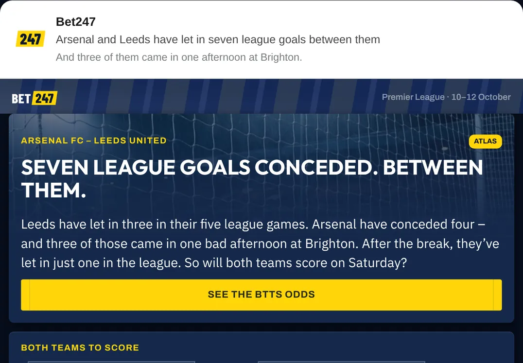 The same match as a content block in a Bet247 email template.