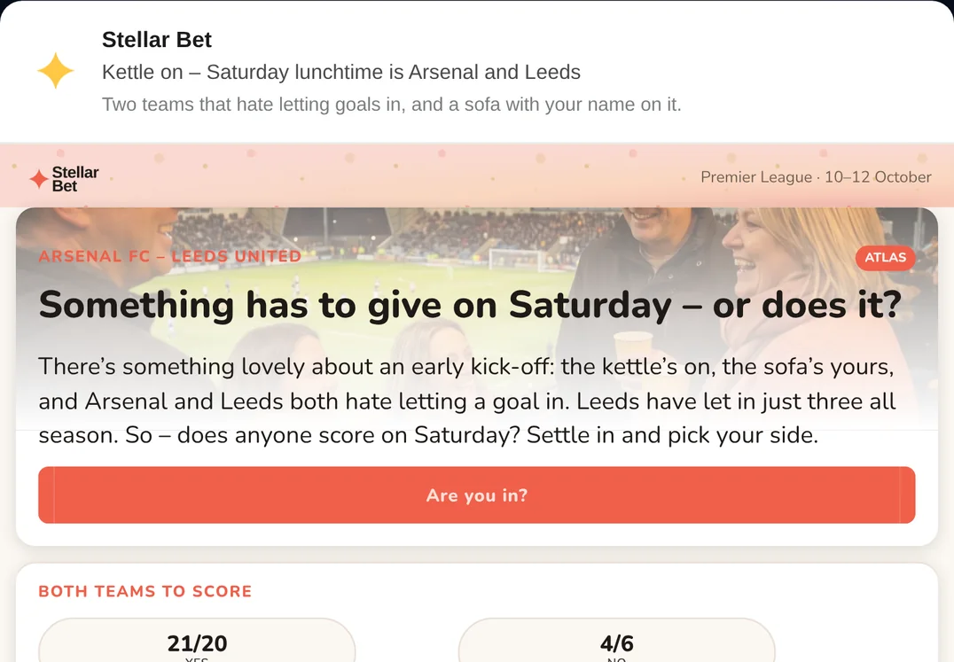A Stellar Bet email for the same match: Something has to give on Saturday – or does it?